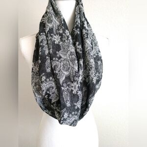 Fashion Floral Infinity Scarf Black Gray with Silver Metallic Sparkle by Berytos
